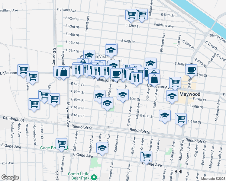 map of restaurants, bars, coffee shops, grocery stores, and more near 5950 Carmelita Avenue in Huntington Park