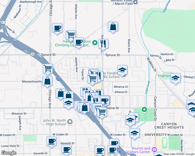 map of restaurants, bars, coffee shops, grocery stores, and more near 1311 Massachusetts Avenue in Riverside