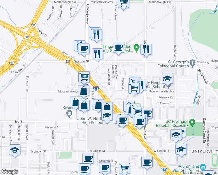 map of restaurants, bars, coffee shops, grocery stores, and more near 1525 Massachusetts Avenue in Riverside