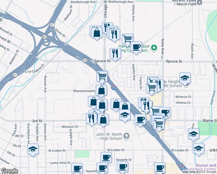 map of restaurants, bars, coffee shops, grocery stores, and more near 2800 Chicago Avenue in Riverside