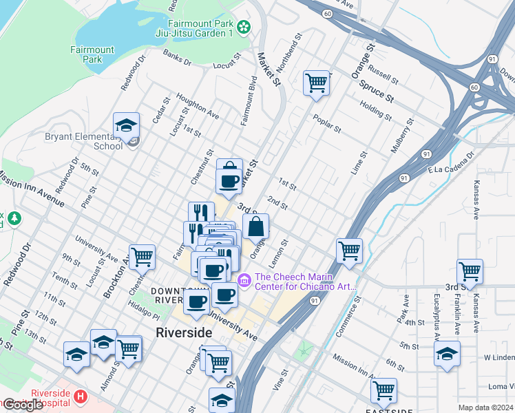 map of restaurants, bars, coffee shops, grocery stores, and more near 3260 Main Street in Riverside