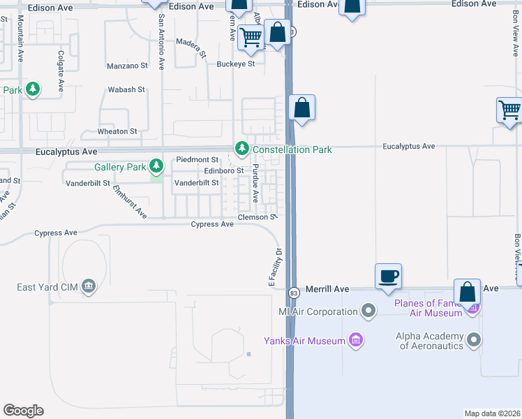 map of restaurants, bars, coffee shops, grocery stores, and more near 14609 Purdue Avenue in Chino