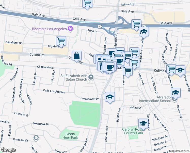 map of restaurants, bars, coffee shops, grocery stores, and more near 18103 Camino Bello in Rowland Heights