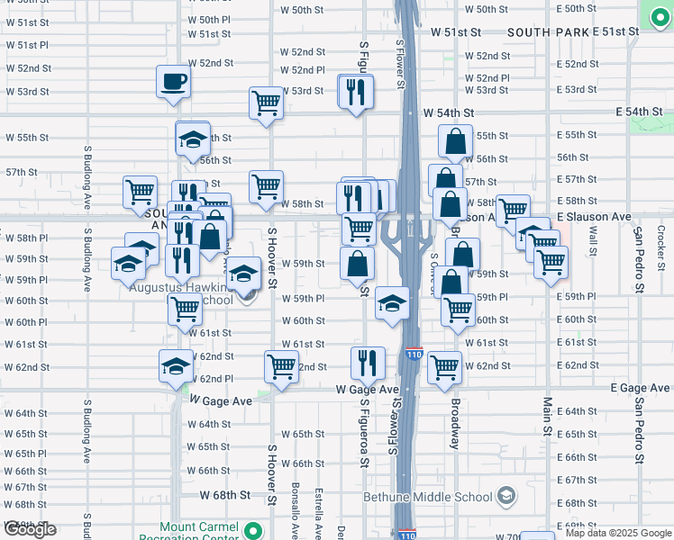 map of restaurants, bars, coffee shops, grocery stores, and more near 5911 Denver Avenue in Los Angeles