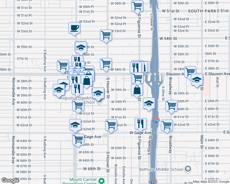 map of restaurants, bars, coffee shops, grocery stores, and more near 5904 Bonsallo Avenue in Los Angeles