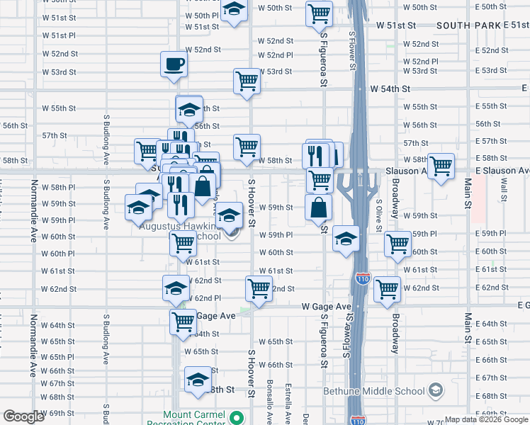 map of restaurants, bars, coffee shops, grocery stores, and more near 5903 Bonsallo Avenue in Los Angeles