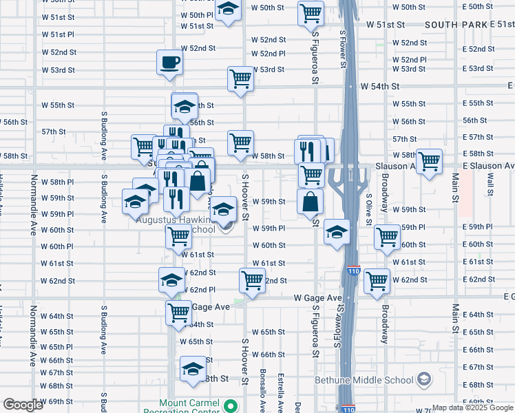 map of restaurants, bars, coffee shops, grocery stores, and more near 5910 South Hoover Street in Los Angeles