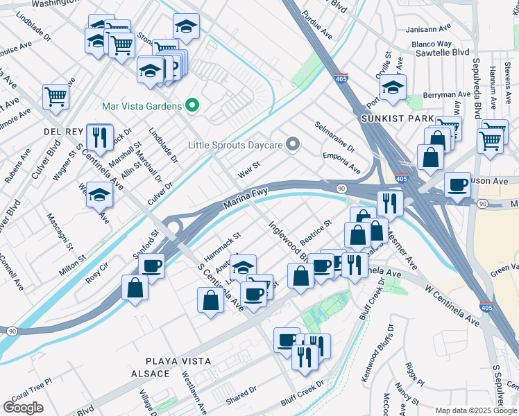 map of restaurants, bars, coffee shops, grocery stores, and more near 5332 Inglewood Boulevard in Culver City