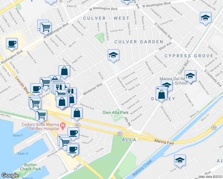 map of restaurants, bars, coffee shops, grocery stores, and more near 4518 Alla Road in Los Angeles