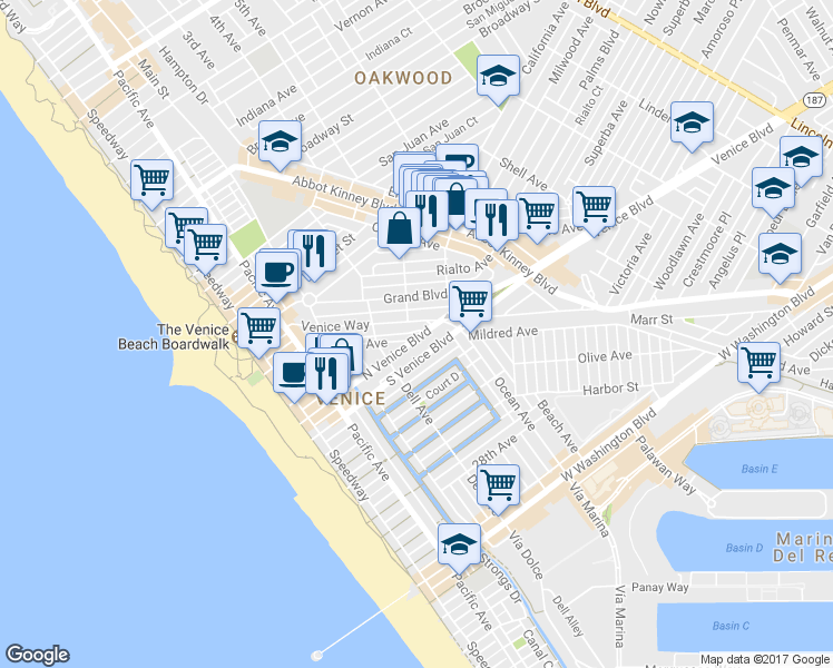 map of restaurants, bars, coffee shops, grocery stores, and more near 501 North Venice Boulevard in Los Angeles