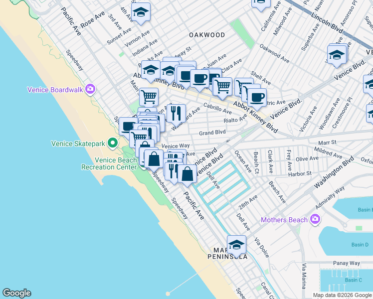 map of restaurants, bars, coffee shops, grocery stores, and more near 334 Venice Way in Los Angeles