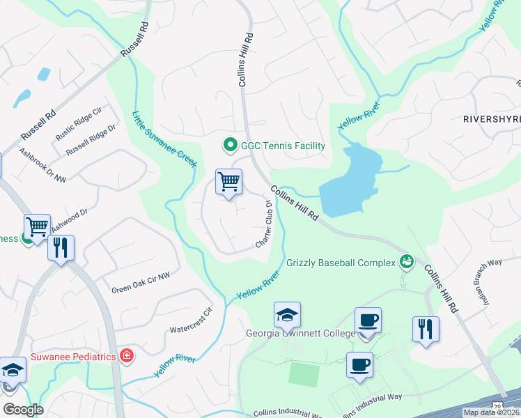map of restaurants, bars, coffee shops, grocery stores, and more near 202 Dun Barton Court in Lawrenceville