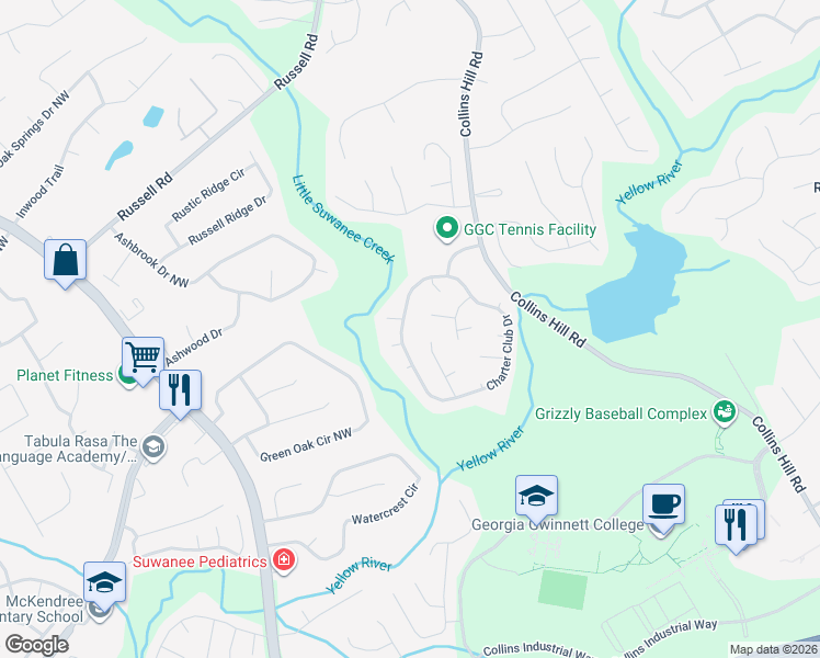 map of restaurants, bars, coffee shops, grocery stores, and more near 1365 Charter Club Drive in Lawrenceville