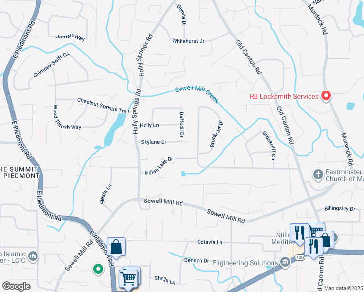 map of restaurants, bars, coffee shops, grocery stores, and more near 2674 Skylane Drive in Marietta