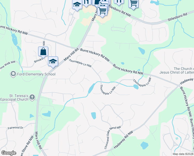 map of restaurants, bars, coffee shops, grocery stores, and more near 5400 Thornapple Lane Northwest in Acworth