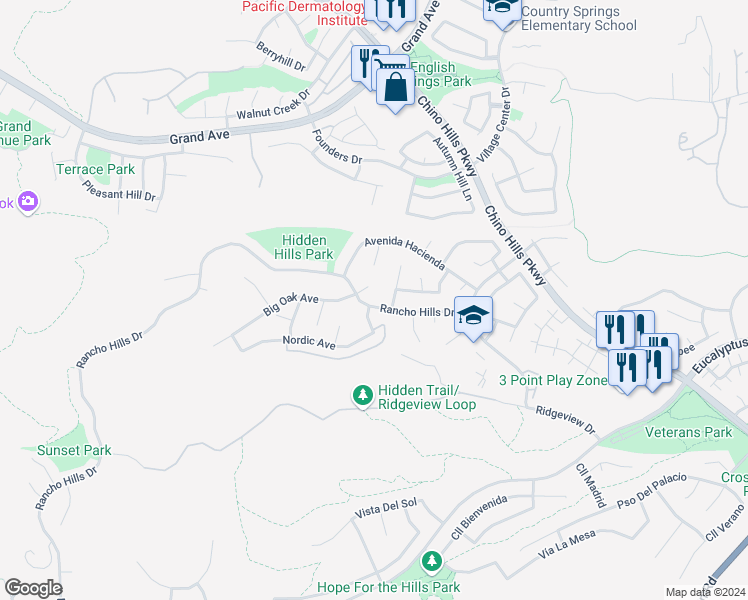 map of restaurants, bars, coffee shops, grocery stores, and more near 2078 Rancho Hills Drive in Chino Hills