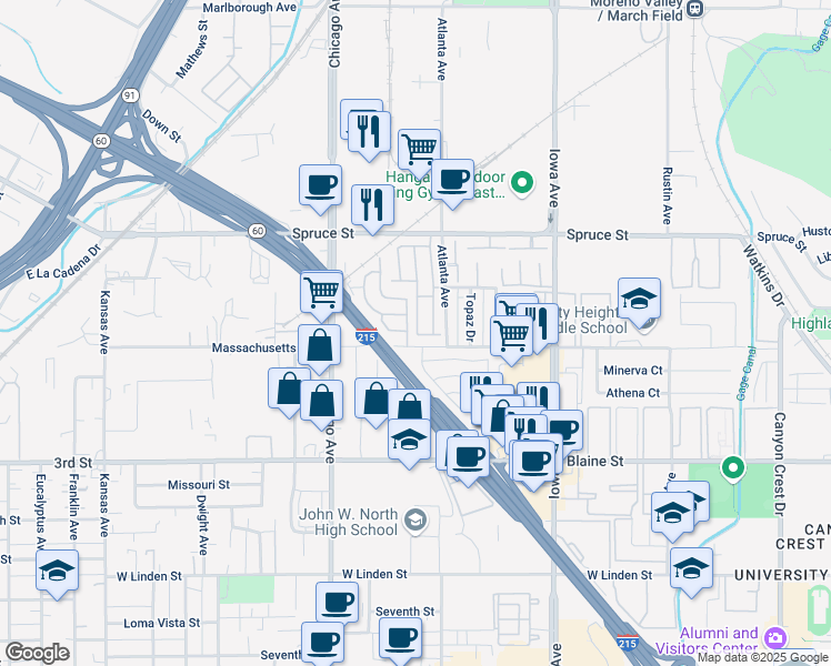 map of restaurants, bars, coffee shops, grocery stores, and more near 1560 Massachusetts Avenue in Riverside