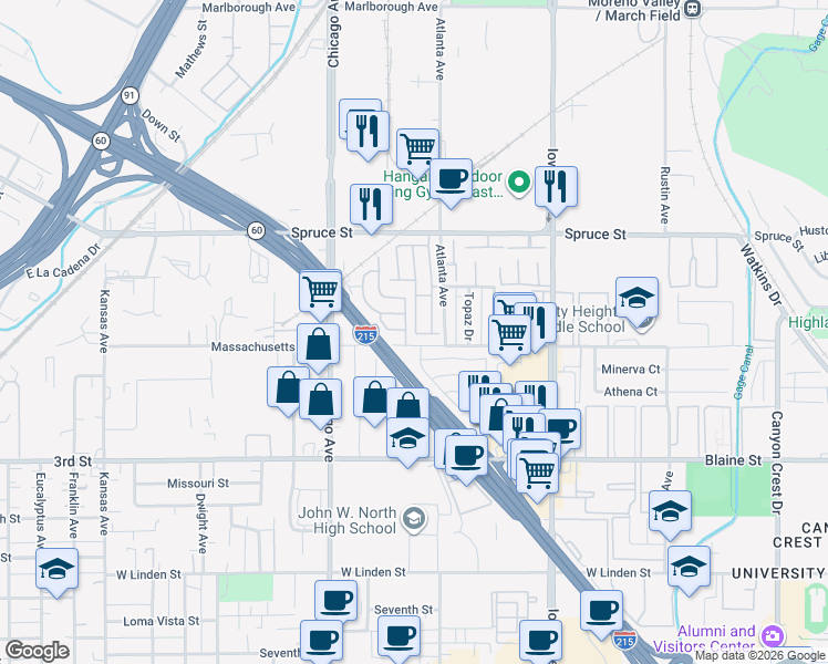 map of restaurants, bars, coffee shops, grocery stores, and more near 1525 Massachusetts Avenue in Riverside