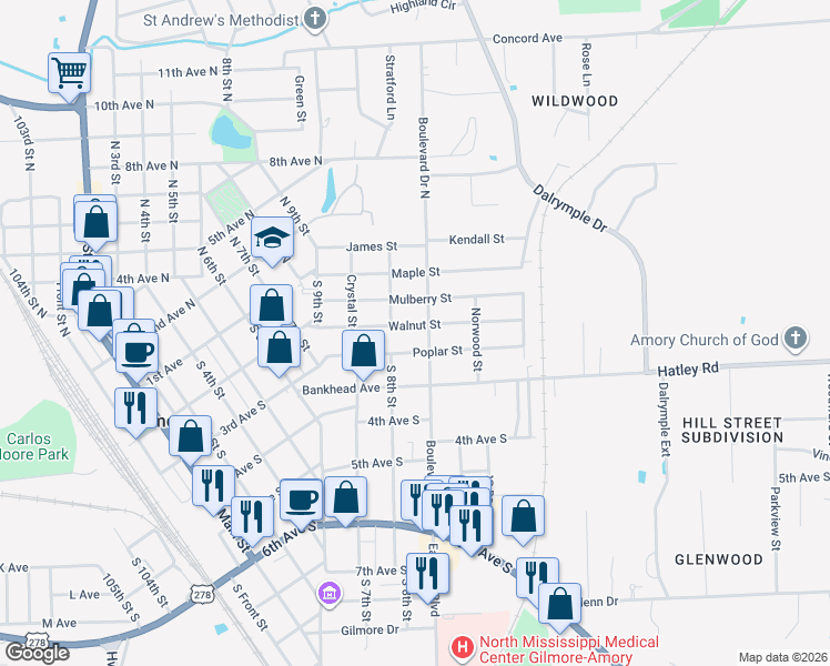 map of restaurants, bars, coffee shops, grocery stores, and more near 816 Walnut Street in Amory