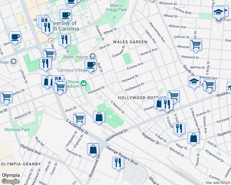 map of restaurants, bars, coffee shops, grocery stores, and more near 1501 Hollywood Drive in Columbia