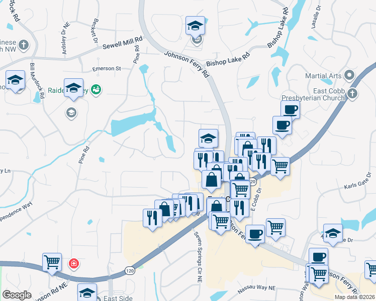 map of restaurants, bars, coffee shops, grocery stores, and more near 4045 Penhurst Drive in Marietta