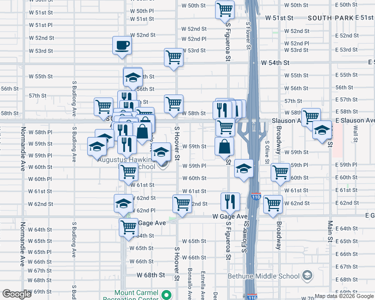 map of restaurants, bars, coffee shops, grocery stores, and more near 5904 Bonsallo Avenue in Los Angeles