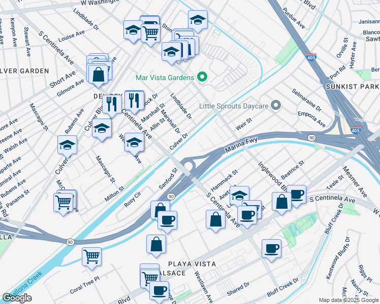 map of restaurants, bars, coffee shops, grocery stores, and more near 5000 South Centinela Avenue in Los Angeles
