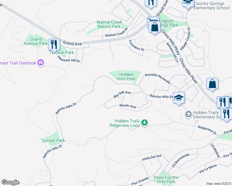 map of restaurants, bars, coffee shops, grocery stores, and more near 14655 Chisholm Trail in Chino Hills
