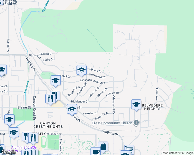 map of restaurants, bars, coffee shops, grocery stores, and more near 430 Glenhill Drive in Riverside