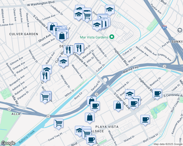 map of restaurants, bars, coffee shops, grocery stores, and more near 4971 South Centinela Avenue in Los Angeles