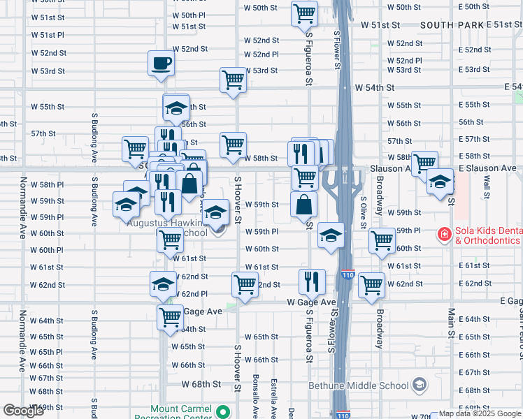 map of restaurants, bars, coffee shops, grocery stores, and more near 5904 Bonsallo Avenue in Los Angeles