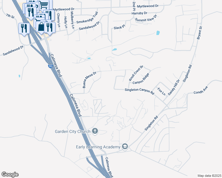map of restaurants, bars, coffee shops, grocery stores, and more near 107 Parkview Drive in Calimesa