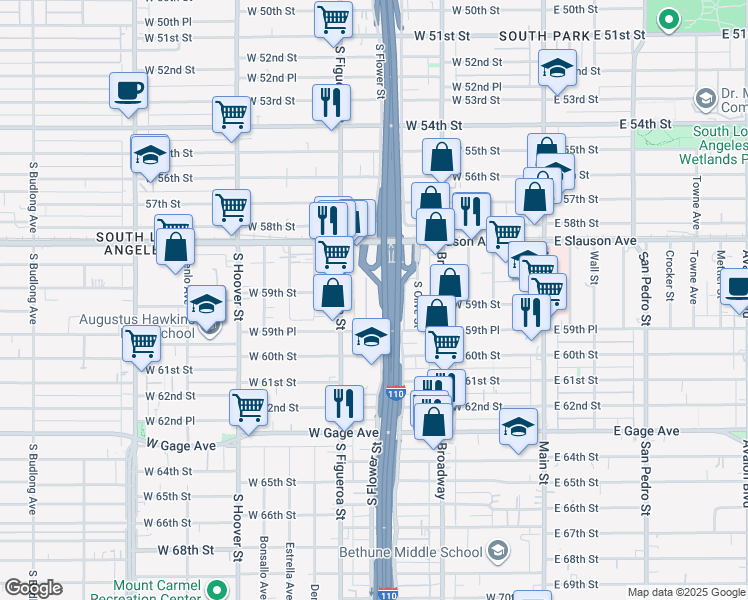 map of restaurants, bars, coffee shops, grocery stores, and more near 5908 South Flower Street in Los Angeles