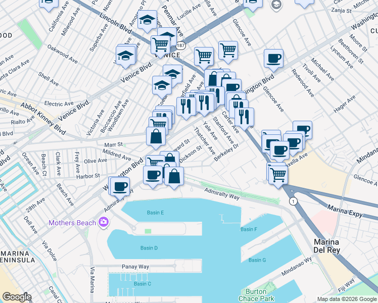 map of restaurants, bars, coffee shops, grocery stores, and more near 910 Dickson Street in Marina del Rey