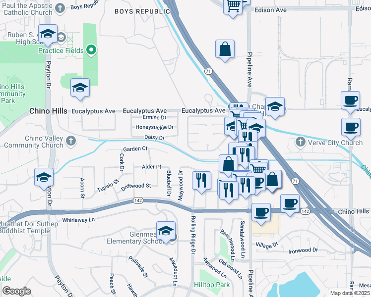 map of restaurants, bars, coffee shops, grocery stores, and more near 3906 Yellowstone Circle in Chino