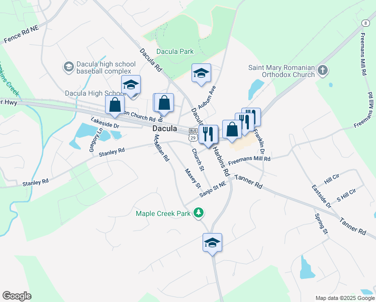 map of restaurants, bars, coffee shops, grocery stores, and more near 287 Church Street in Dacula