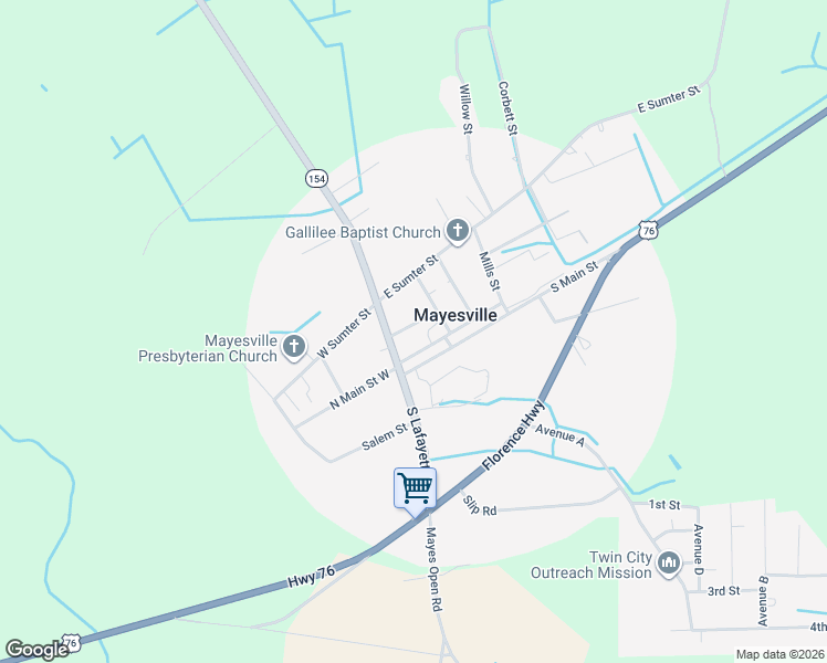 map of restaurants, bars, coffee shops, grocery stores, and more near 14 Republic Street in Mayesville