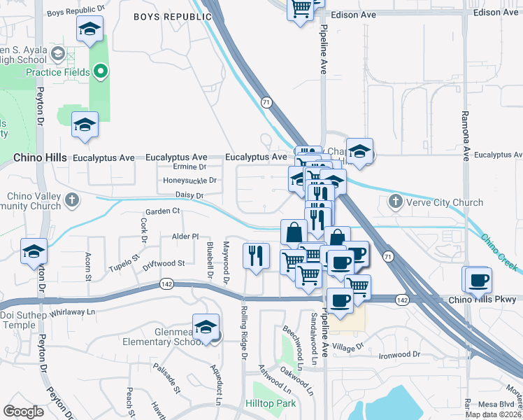 map of restaurants, bars, coffee shops, grocery stores, and more near 3925 Yellowstone Circle in Chino