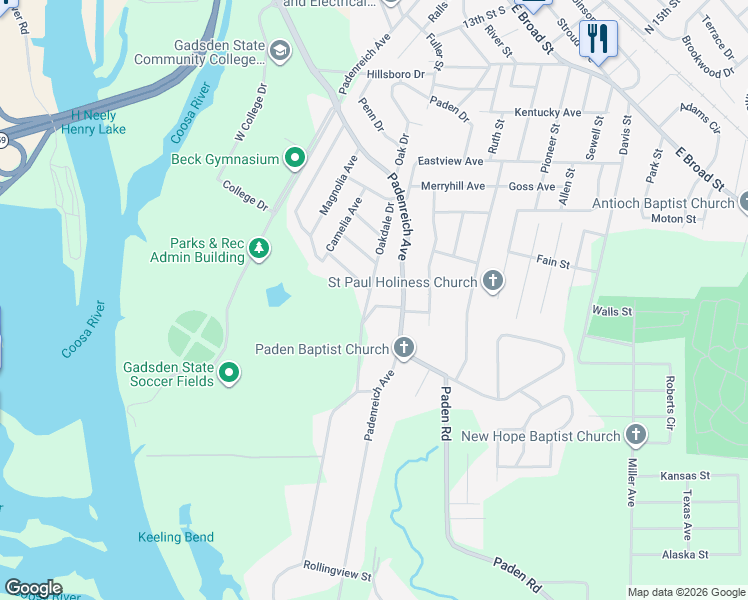 map of restaurants, bars, coffee shops, grocery stores, and more near 800 Oakdale Drive in Gadsden
