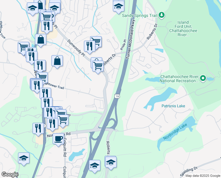 map of restaurants, bars, coffee shops, grocery stores, and more near 8451 Dunwoody Place in Sandy Springs