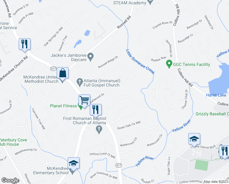 map of restaurants, bars, coffee shops, grocery stores, and more near 434 Ashwood Drive in Lawrenceville