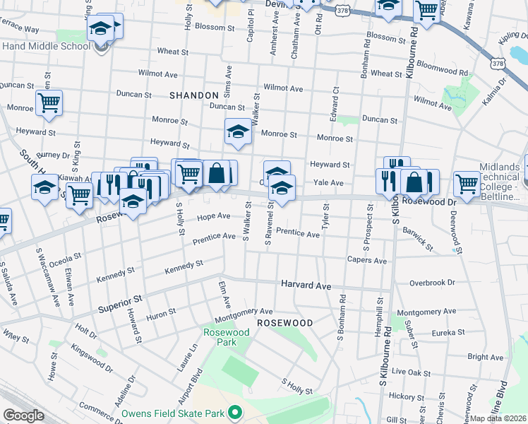 map of restaurants, bars, coffee shops, grocery stores, and more near 222 South Walker Street in Columbia