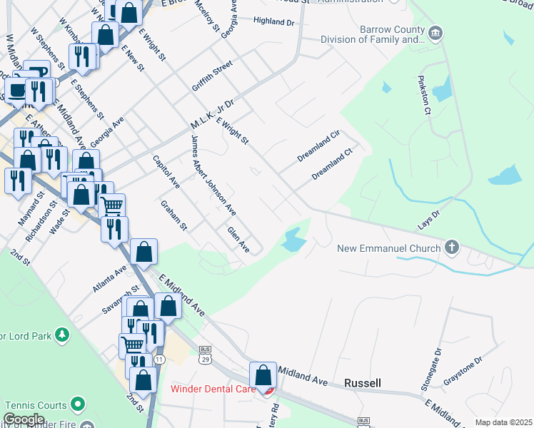map of restaurants, bars, coffee shops, grocery stores, and more near 549 Scrooch Court in Winder