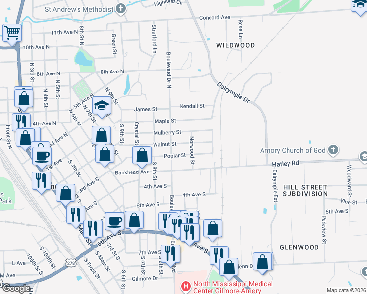 map of restaurants, bars, coffee shops, grocery stores, and more near 1002 Walnut St in Amory