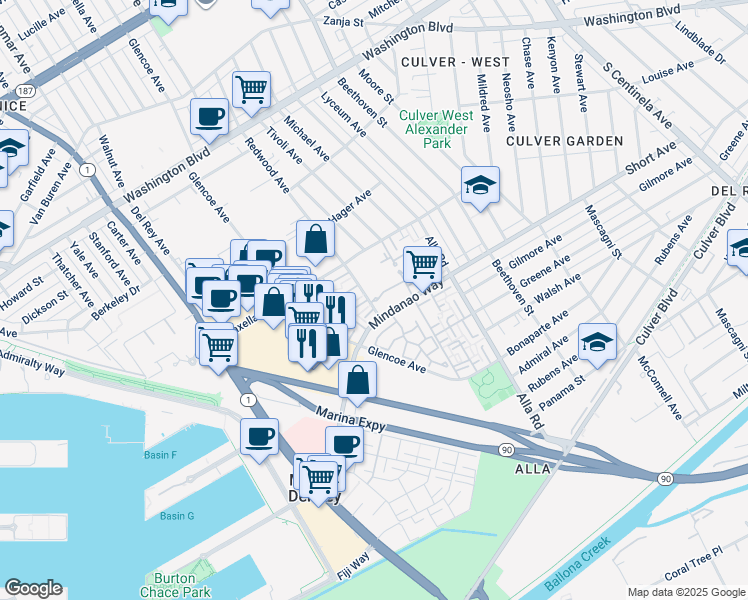 map of restaurants, bars, coffee shops, grocery stores, and more near 4342 Redwood Avenue in Marina del Rey