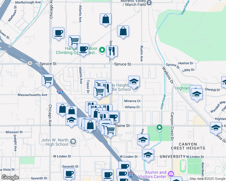 map of restaurants, bars, coffee shops, grocery stores, and more near 2700 Iowa Avenue in Riverside