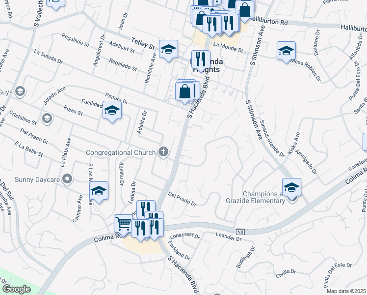 map of restaurants, bars, coffee shops, grocery stores, and more near 2724 South Hacienda Boulevard in Hacienda Heights