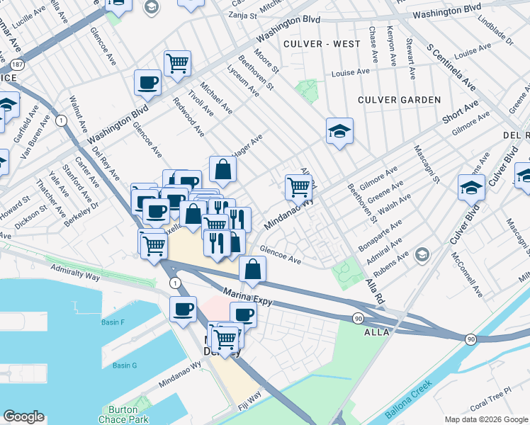 map of restaurants, bars, coffee shops, grocery stores, and more near 4346 Redwood Avenue in Marina del Rey