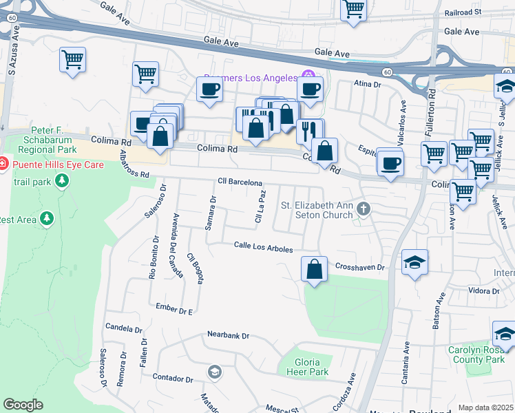 map of restaurants, bars, coffee shops, grocery stores, and more near 1851 Calle La Paz in Rowland Heights