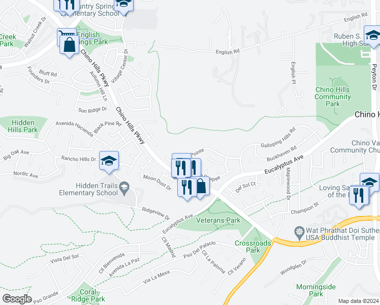 map of restaurants, bars, coffee shops, grocery stores, and more near 2580 La Salle Pointe in Chino Hills